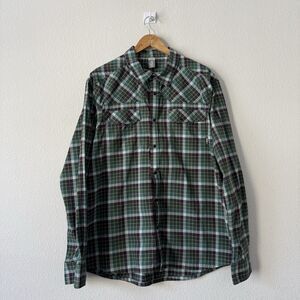Stio Men's Western Pearl Snap Shirt Green Blue Maroon Plaid Long Sleeve Size XL